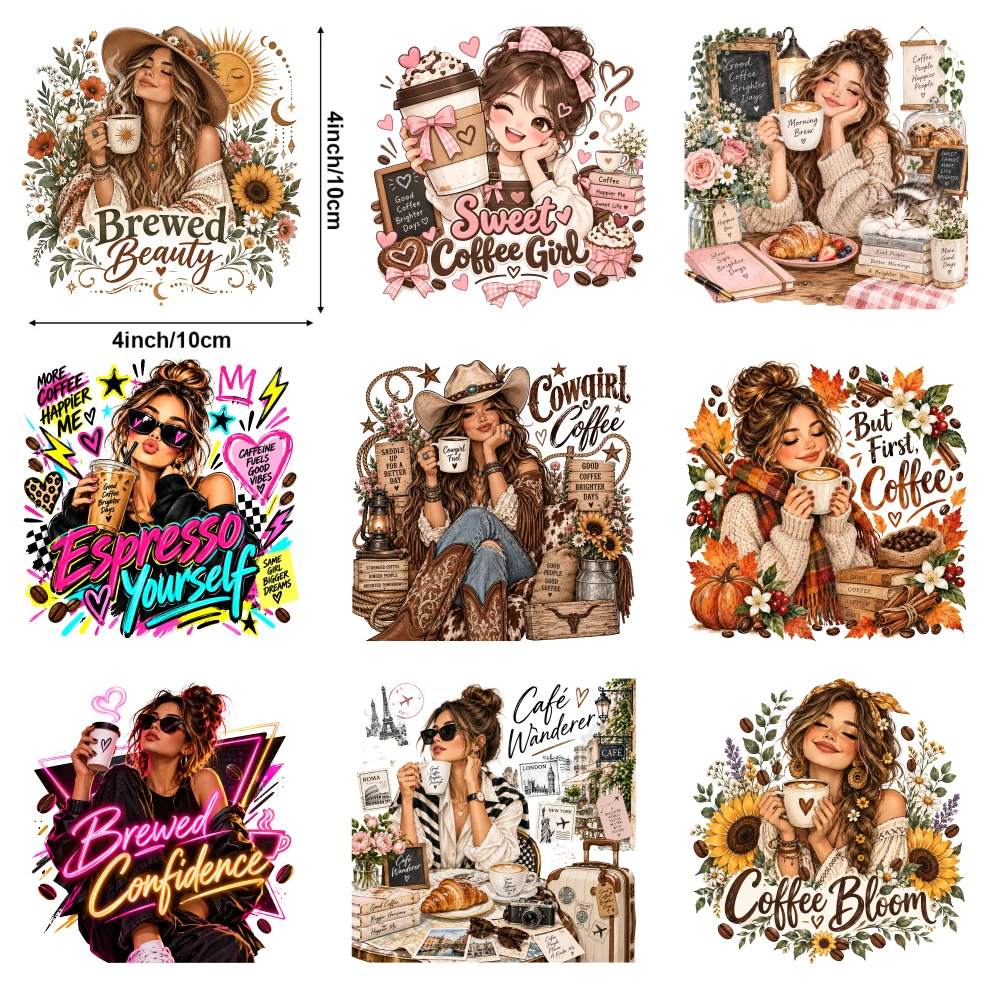 9 Pcs Coffee Themed Art Prints Iron on Transfers for T-shirts, Jeans, Backpacks, Hats, Pillows, Hoodies DIY Crafts