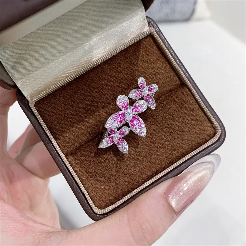 Trendy Real 925 Sterling Silver Pink Floral Cubic Zirconia Ring Anniversary Gift For Women Luxury Fine Jewelry