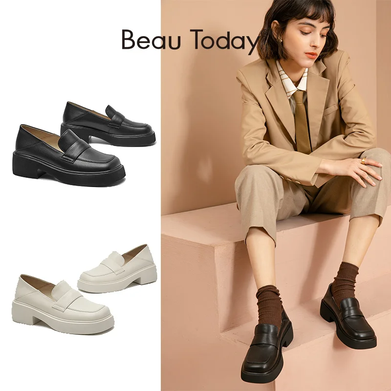

BeauToday Casual Loafers Women Genuine Cow Leather Square Toe Platform Slip-on Spring Autumn Ladies Flat Shoes Handmade 26536