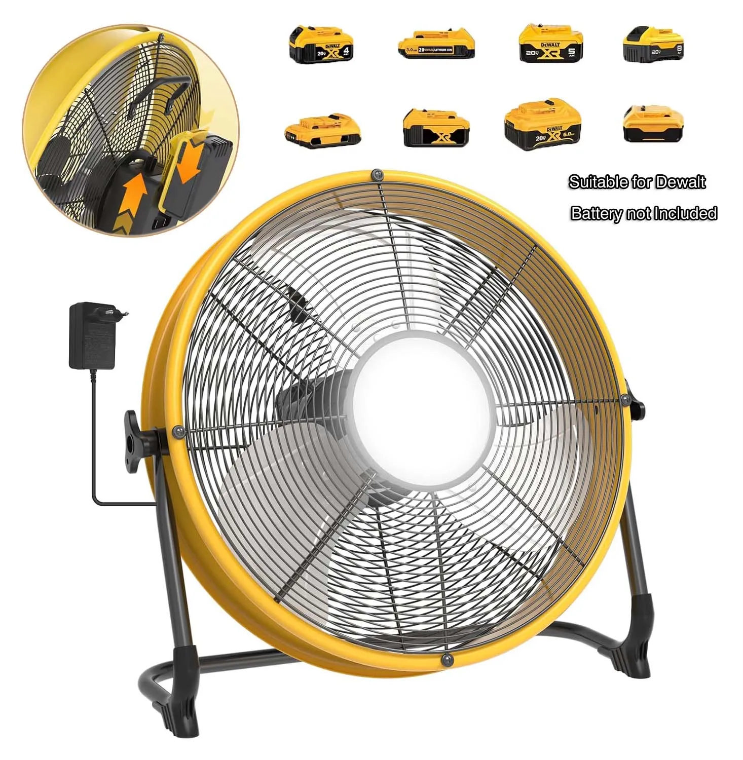

12Inch Portable Fan with Light Compatible With Dewalt 18-20V Outdoor Floor Fan with Adapter Jobsite Garage Emergency Camping Fan