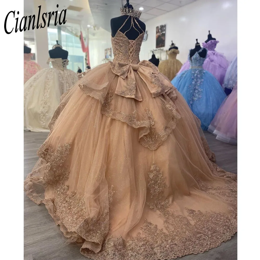 Shinning Flowers Appliques Corset Halter Neck Quinceanera Dresses Ball Gown Princess Dress vestidos de quinceañera