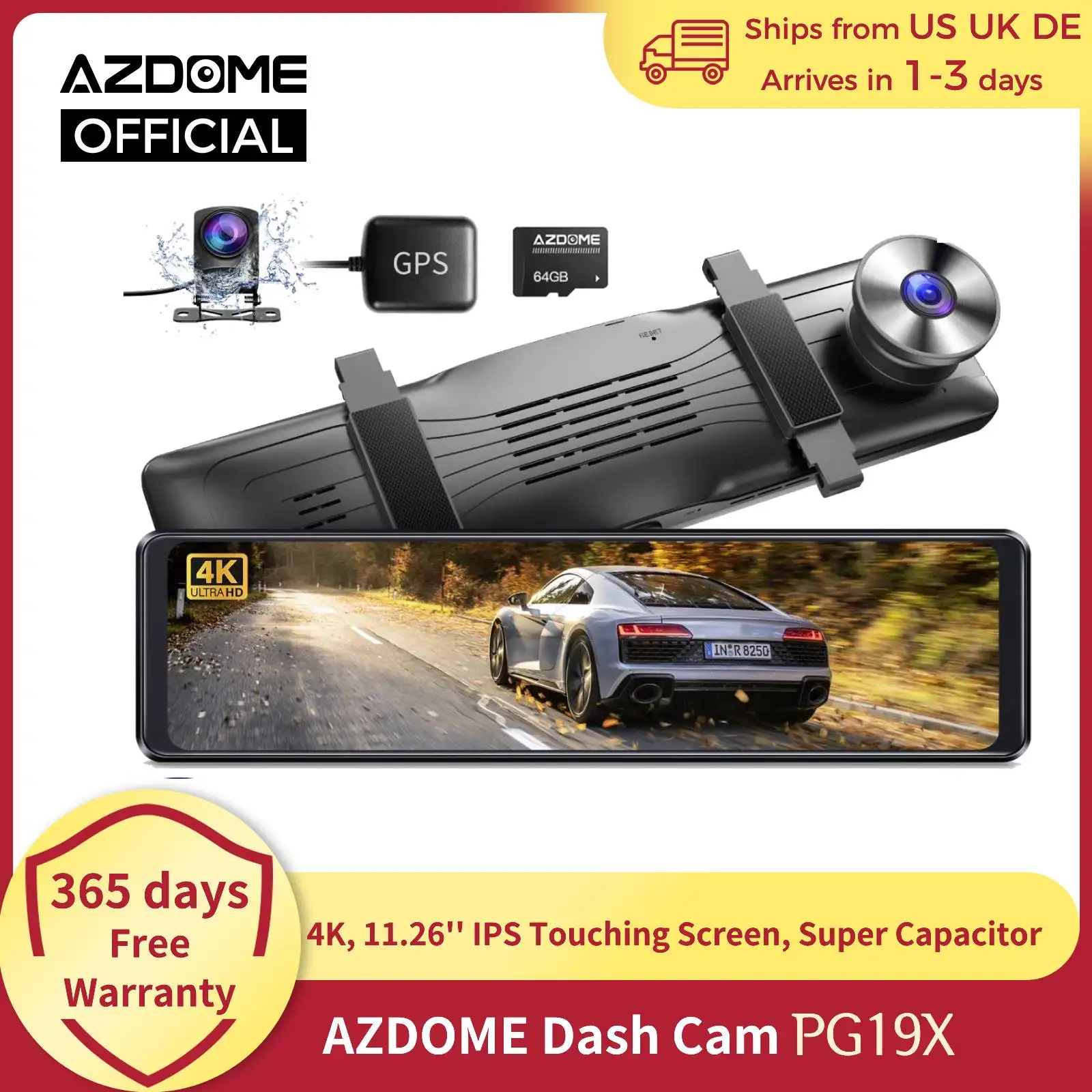 AZDOME 4K Dash Cam PG19X 11.26'' IPS Touching Screen Car DVR Recorder Super Capacitor Dual-Channel Car Camera 24H Parking Mode