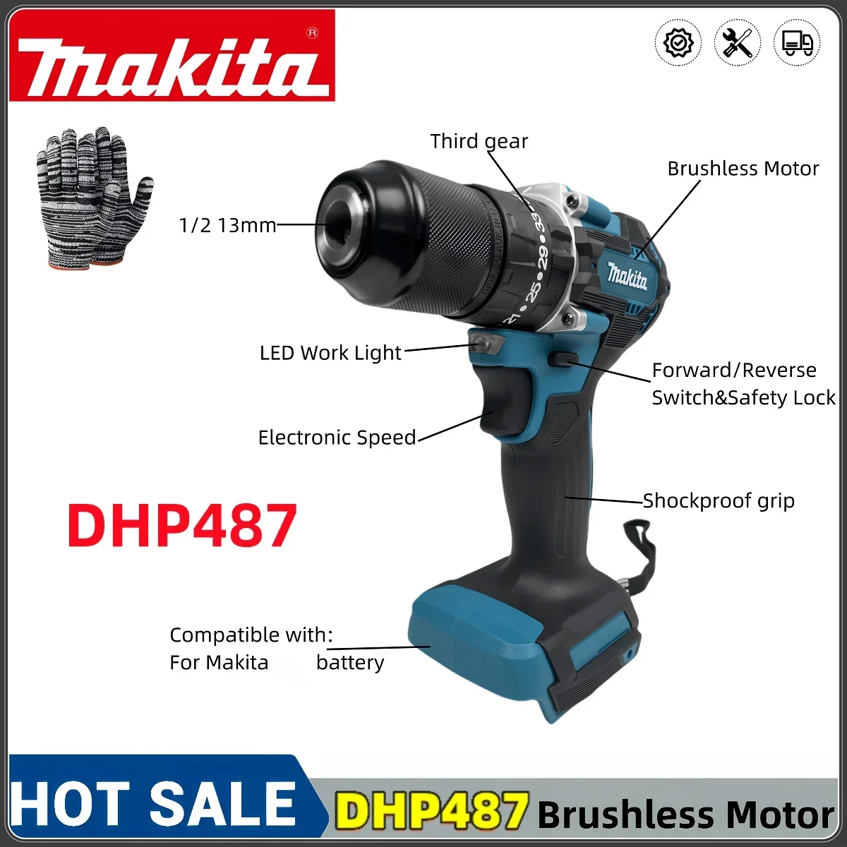 Makita DHP487 cordless drill 18V brushless motor high torque lithium battery impact electric screwdriver electric tool