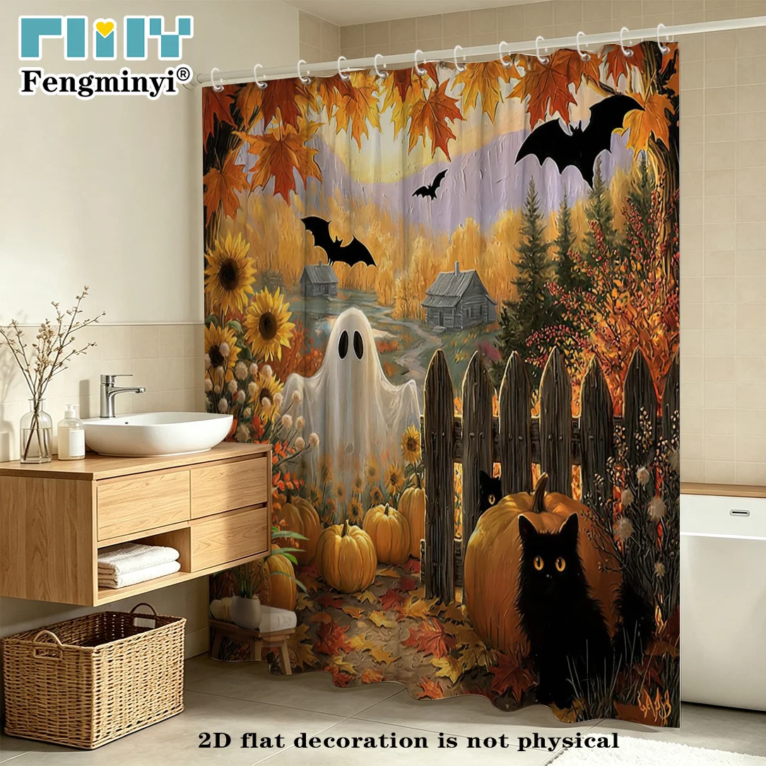 2D Flat, 2D Flat, 2D Flat Shower Curtain 1pc Halloween Shower Curtain Ghost Bat Pumpkin Black Cat Autumn Scenery Country Farmhou