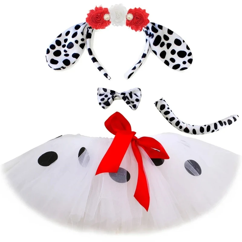 Disfraz de tutú de perro dálmata para niños pequeños, falda tutú de lunares blancos, vestido de fiesta para niñas, Mini faldas de tul para niñas