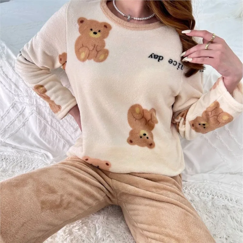 

Thickened Warm Sleepwear for Winter Plus Size Flannel Bear Print Long Sleeve Trousers Student Pyjama Set Loungewear Cartoon Bear