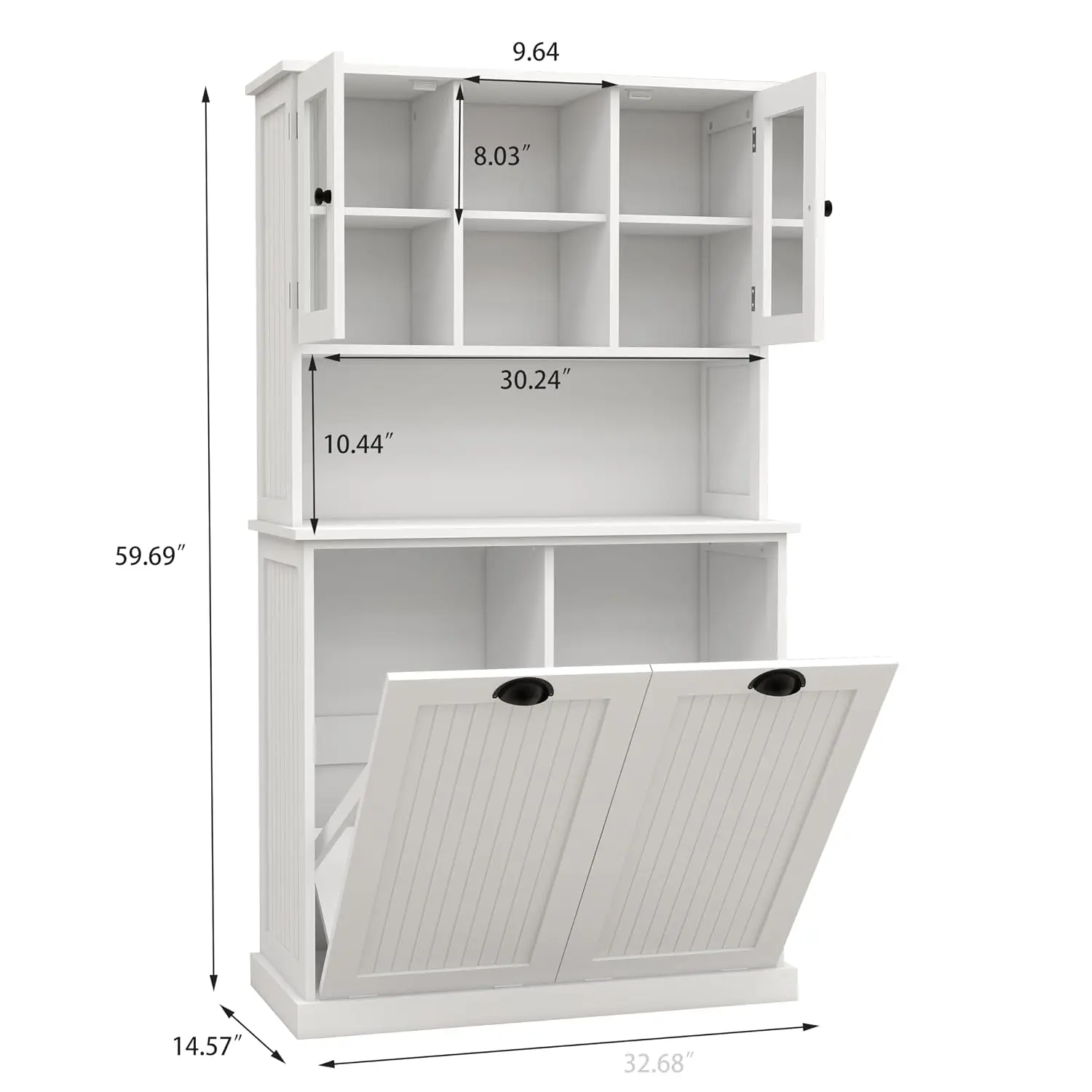 Tilt-Out Laundry Cabinet Tall Bathroom Storage Hamper with 2 Baskets & 3 Cabinets Upper Glass Doors, Customized