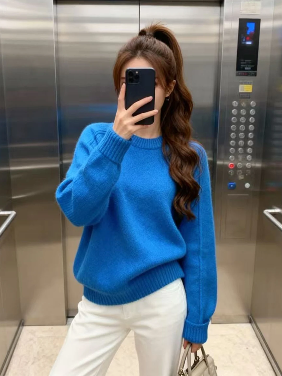 

Свитер женский из кашемира цвета синий Кляйн, с круглым вырезом, мягкий, вязаный, свободного кроя, в западном стиле, осенне-зимняя новинка