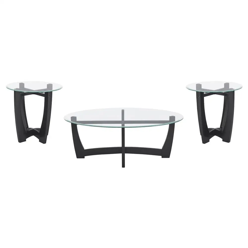 โต๊ะกาแฟทรงกลมสีดำ ท็อปกระจกนิรภัย โครงไม้จริง ขนาด 23.5 นิ้ว โต๊ะตกแต่งสไตล์โมเดิร์น สำหรับห้องนั่งเล่น อพาร์ทเมนต์ สำนักงาน