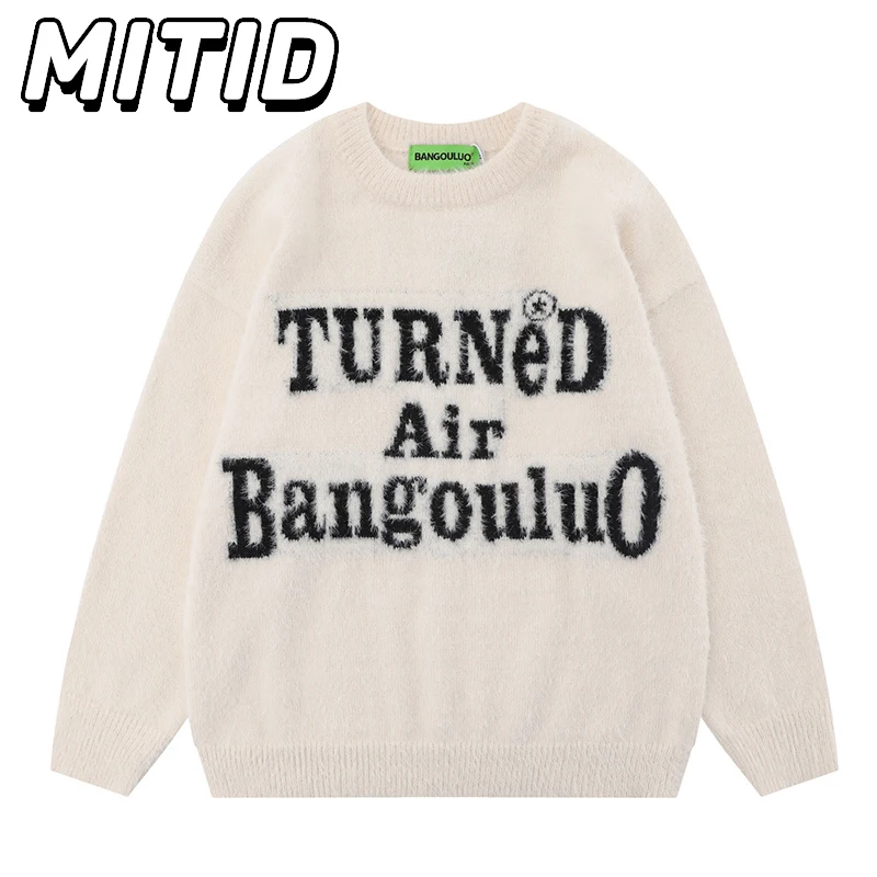 

Autumn Winter Sweater Men Hip Hop Streetwear Letter Embroidery Pullover Knitted Sweater Oversized Sweater O-neck Pullovers Men