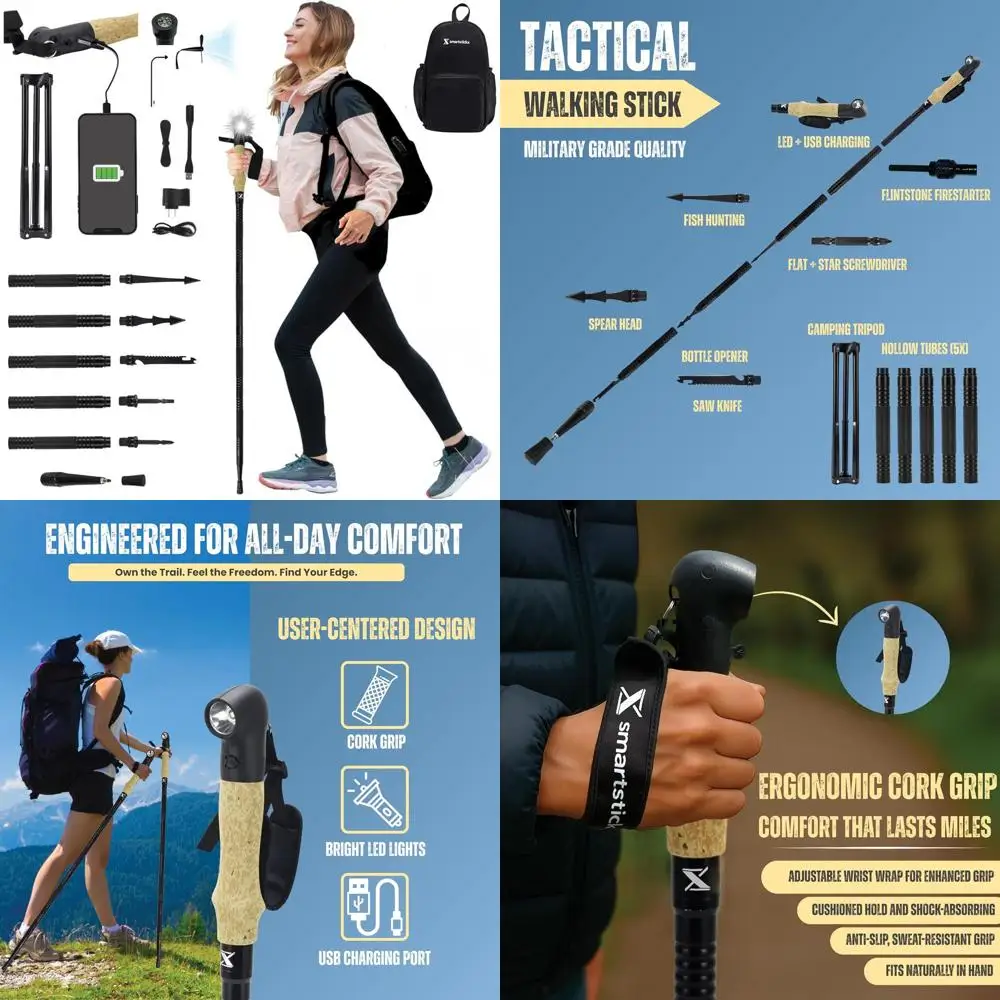 

Collapsible Tactical Walking Stick with LED Light, USB Charging, Cork Grip, and Survival Tools – Aircraft Aluminum Trekking Pole