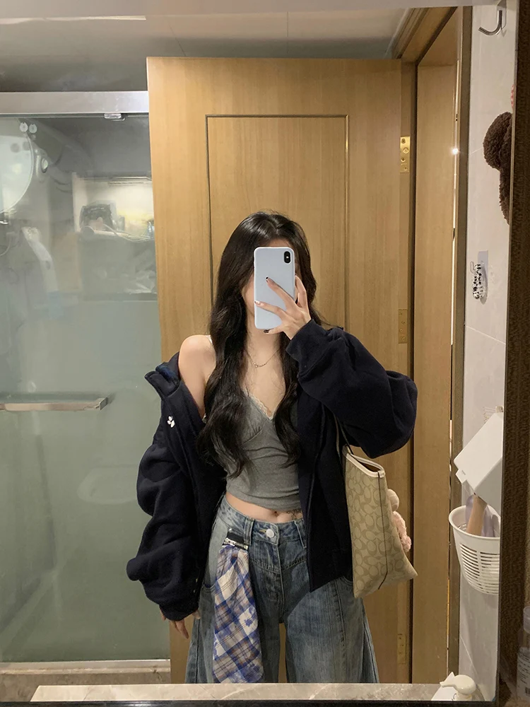 레트로 아메리칸 체크 스플라이스 후디 여성 캐주얼 올매치 지퍼 코트 가을 신상 고급스러운 느낌의 편안한 스웨트셔츠