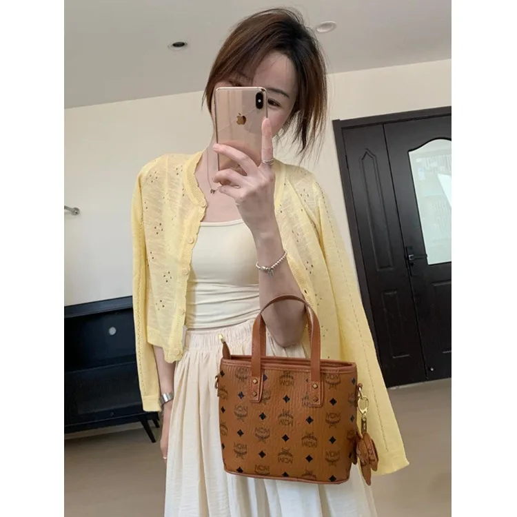

Yellow Knitted Short Open Cardigan Women's Early Autumn Gentle Short Style Air Conditioner Outerwear Top Hollow out Design