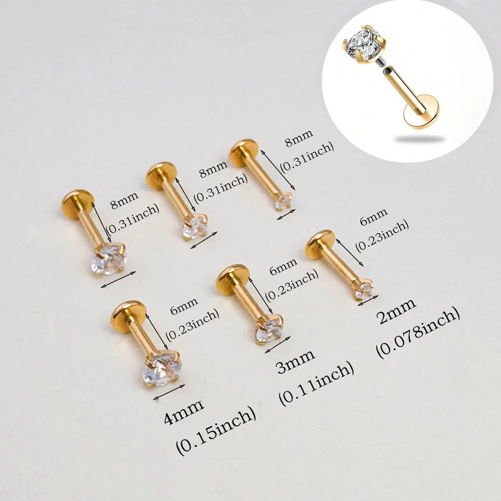 6Pcs Surgical Stainless Steel Labret Tragus Stud Earrings 16G CZ Crystal Monroe Helix Cartialge Conch Medusa Lip Body Piercing
