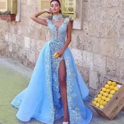 Charming Blue Mermaid High Neck Lace Applique Evening Dresses Fashionable Side Split Detachable Hem Open Back Wedding Dress