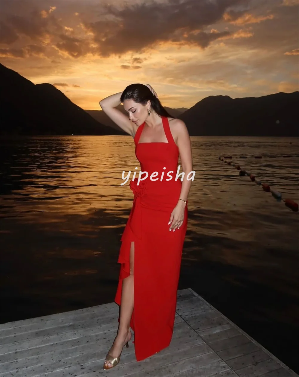 Maßgeschneiderte passende sexy Jersey-Kleider mit handgefertigten Blumenfalten, geraden Neckholder, lange Kleider, maßgeschneiderte Kleider für besondere Anlässe, Größen erhältlich