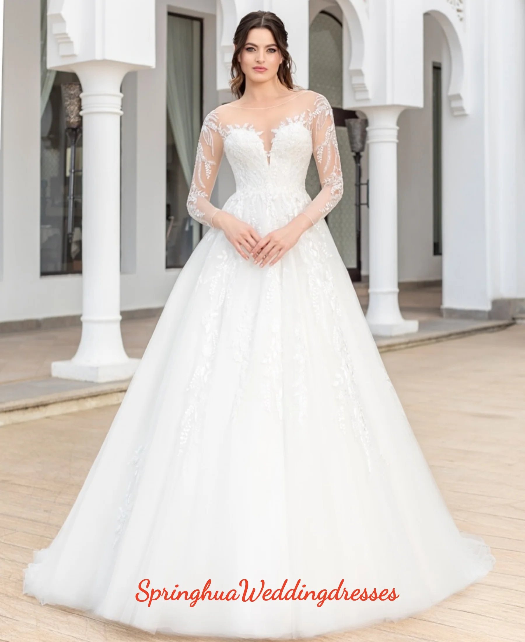 Customzied Luxury Boho Wedding Dress long sleeve bride dress plus size Lace beading A line Wedding Bridal Gown Vestido De Novia