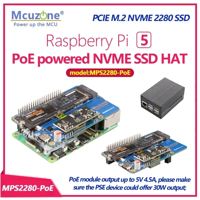 

MPS2280-PoE, Raspberry Pi5 PoE powered NVME SSD HAT, PCIE M.2 NVME 2280 SSD,support 2242,2230, POE powerde 5v4.5A