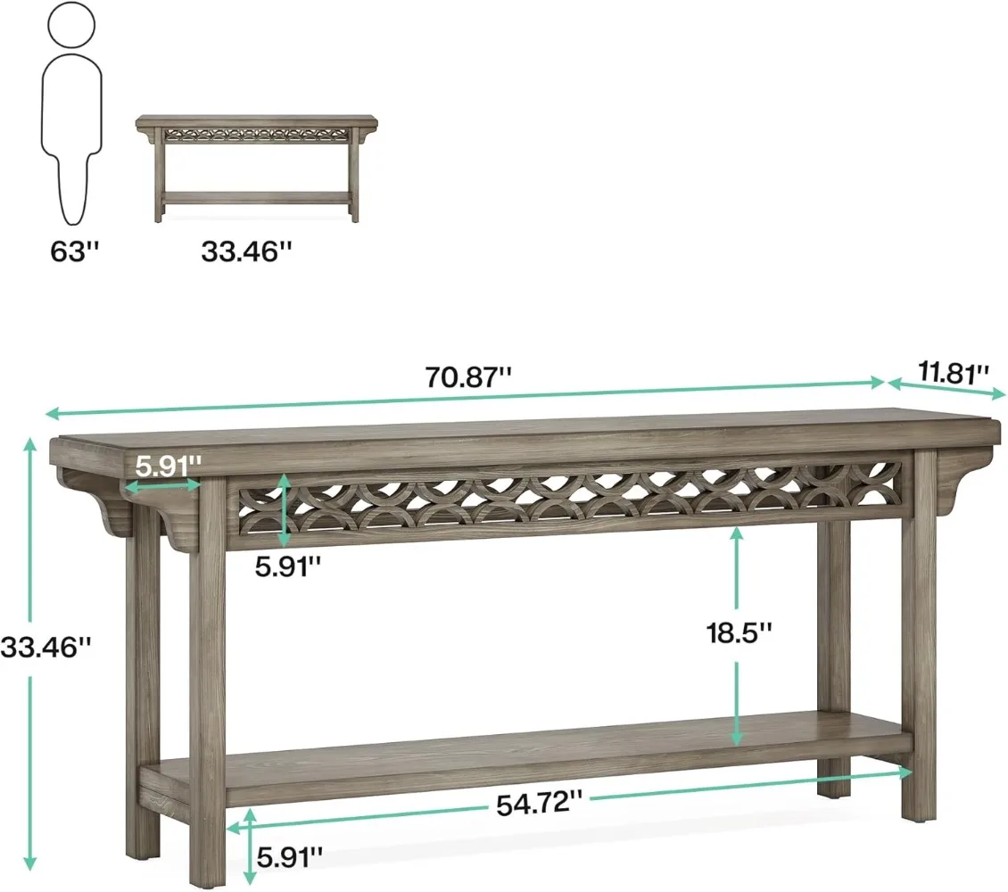 70.8-Inch Solid Wood Long Console Table, Farmhouse Entryway Table with Storage, Narrow Sofa Table Grey Couch Table