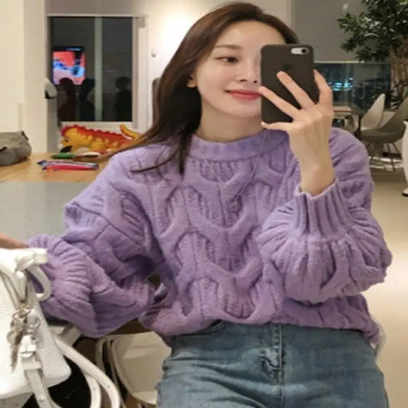 

Lantern puff sleeves round neck twist pullover sweater women autumn winter lazy style loose thickened cable knit sweater