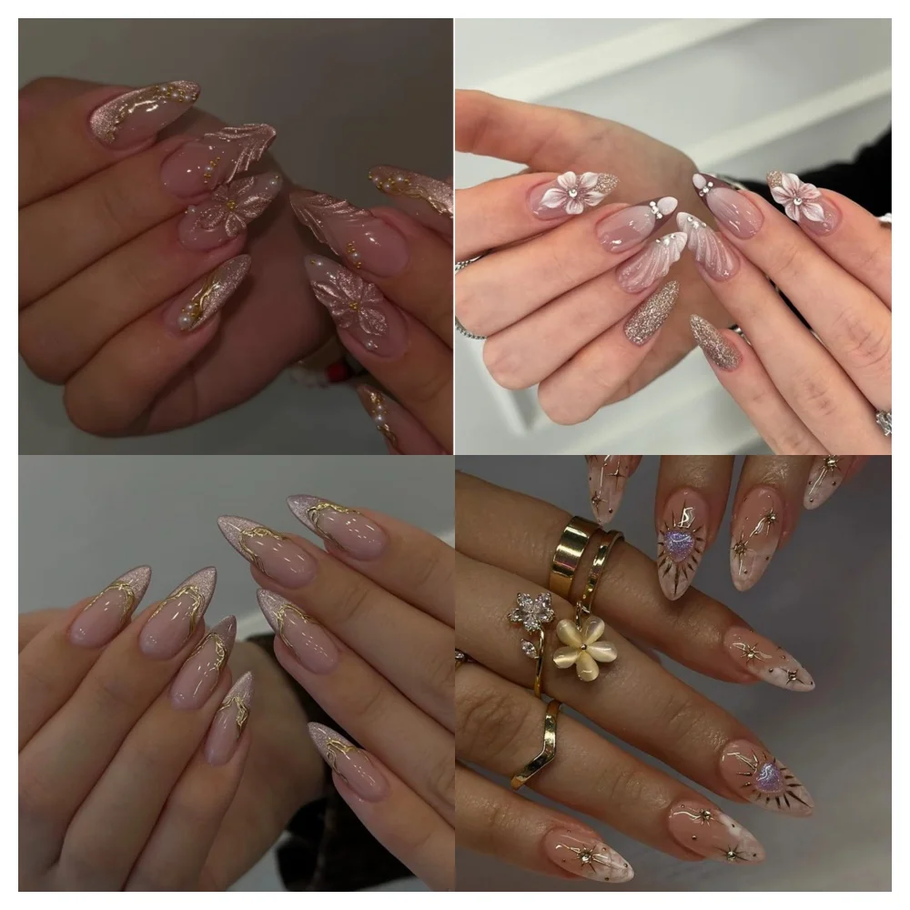 

10 Pcs Press On Nails Handmade Cat Eye Almond Fake Nails Painting 3D Floral Design False Nails Reusable Nails Set for Women