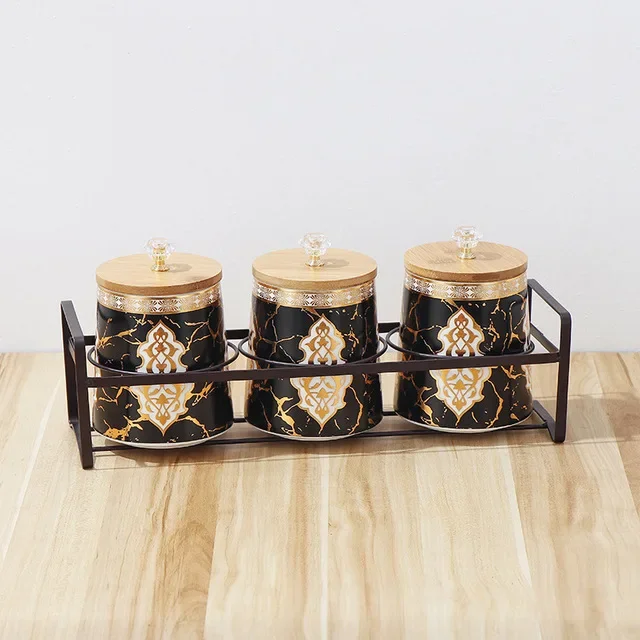 

Ceramic Airtight Jar with Wooden Lid Storage Jar 3 Piece Set Tea Caddy Tea Box Storage Tank Spice Jars Seasoning Box Organizer