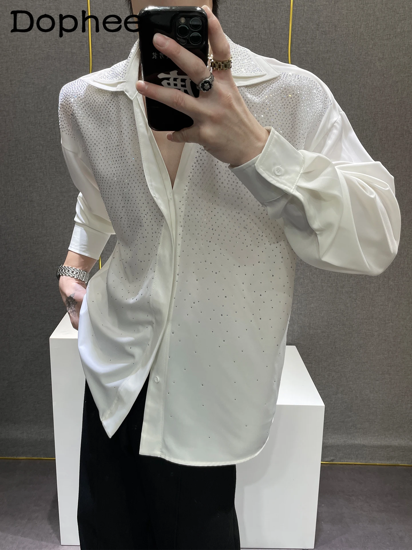 

Summer New Design Heavy Rhinestone Long Sleeve Shirt Stylish Fashion Trend Casual V-Neck Loose Draped Shirt for Men