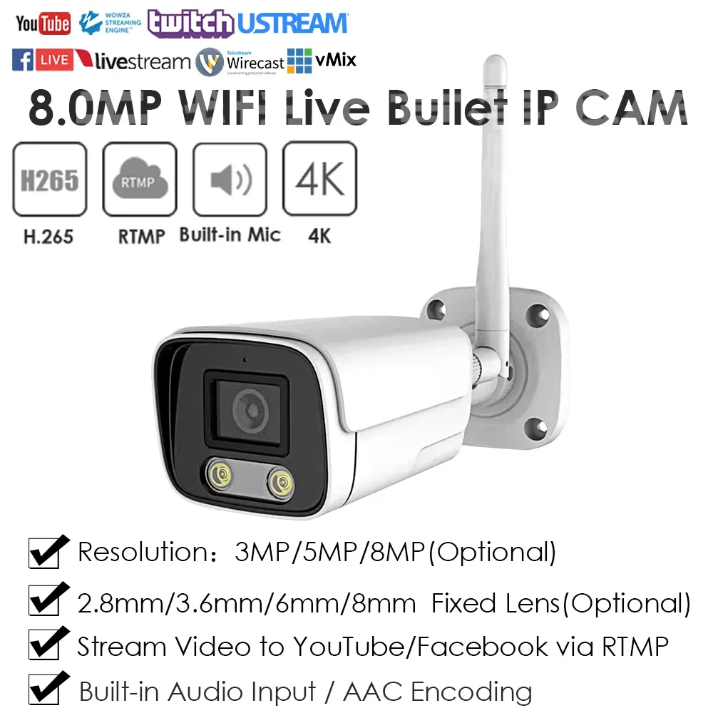 

4K 8MP IMX415 Wireless WiFi RTMP IP Camera CCTV IR Dual Light Live Streaming Push Video To YouTube/Facebook Outdoor Indoor Onvif