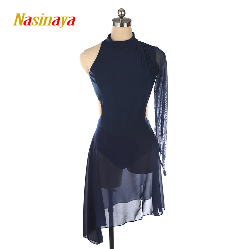 Nasinaya Customized Women's Figure Skating Performance Dress, Hidden Blue Single Sleeve Diamond Free Long Dress