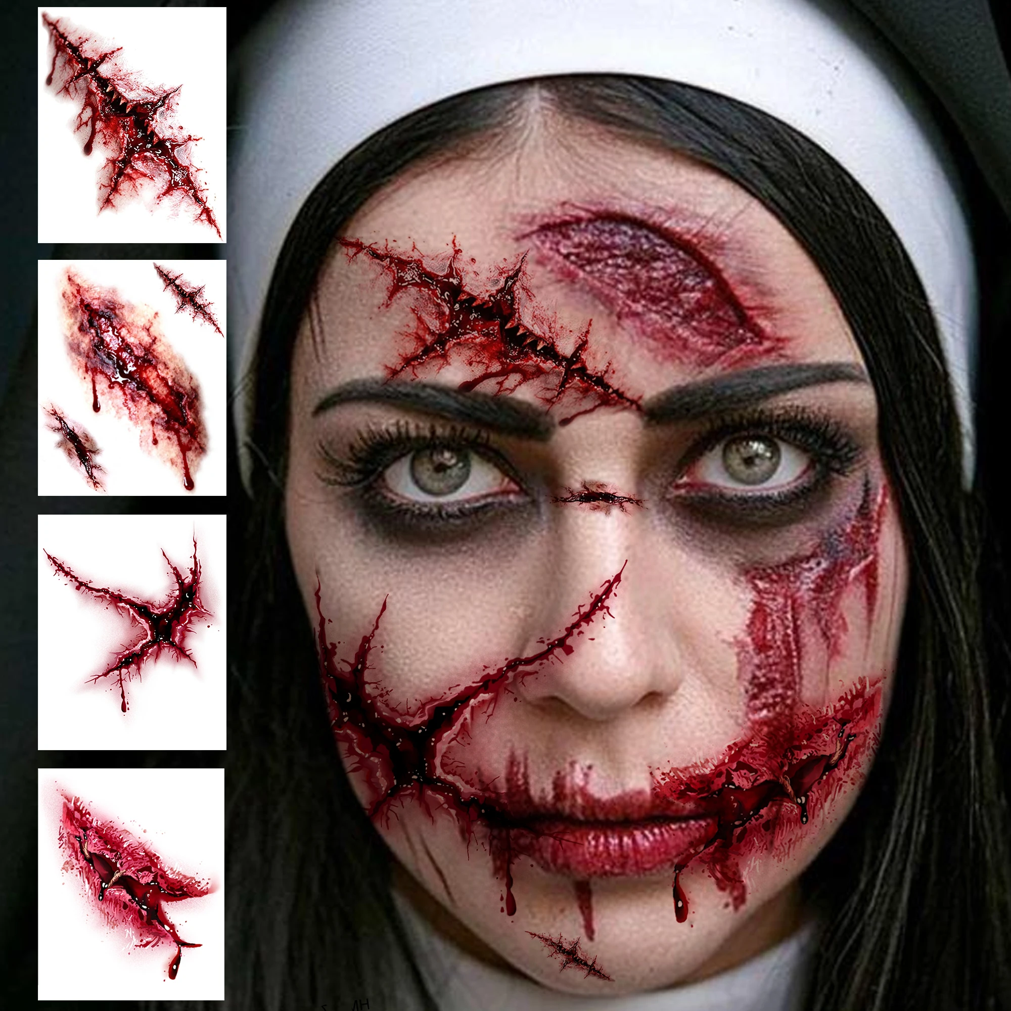 4 Sheets Realistic Staple Suture Bloody Cut Adult Horror Halloween Cosplay Temporary Tattoo Sticker, Waterproof Temp Fake Tatoos
