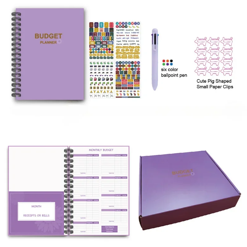 Purple Monthly Budget Plan Book with Double Spiral Hard Surface and 12 Envelopes for Storing Bills Office Finance Notebook