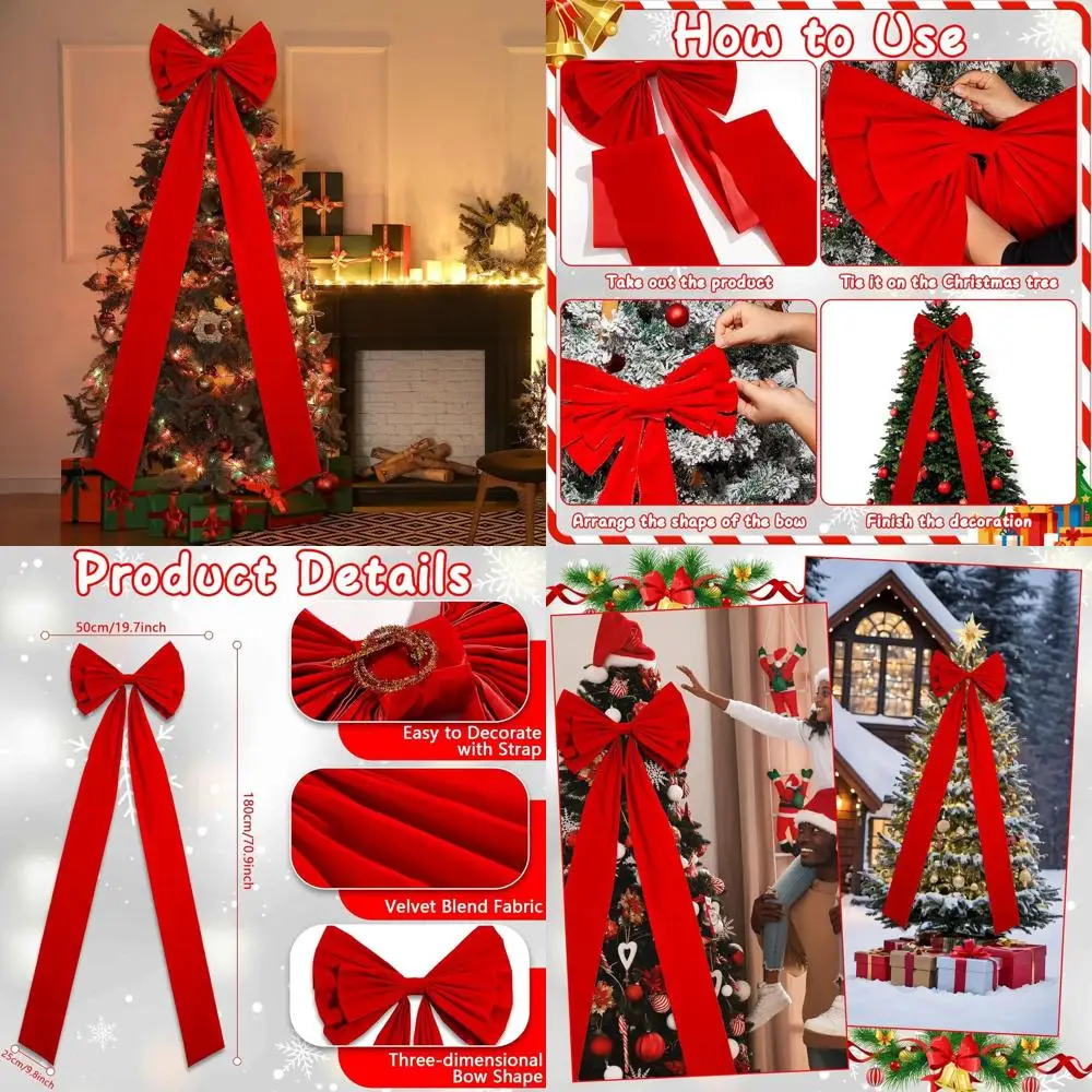 فيونكة مخملية حمراء عملاقة مع أشرطة طويلة - قطعة علوية لشجرة عيد الميلاد مقاس 71 × 24 بوصة وديكور إكليل للمنزل والخارج والحفلات