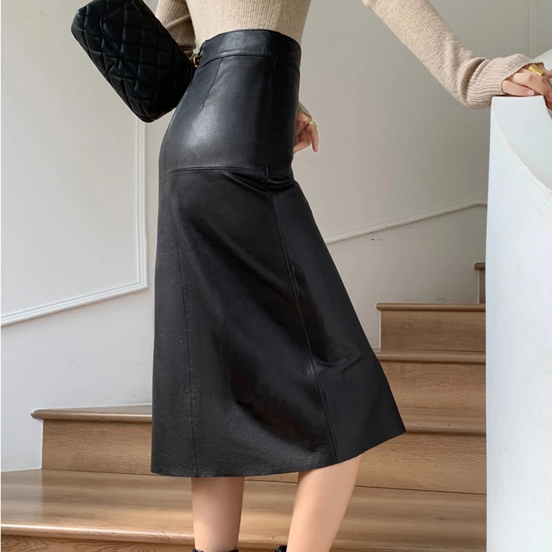 Spring New Genuine Leather Skirt for Women Vegetable Tanned Sheepskin Wrap Long Faldas Mujer Mid Length Front Slit Maxi Jupe