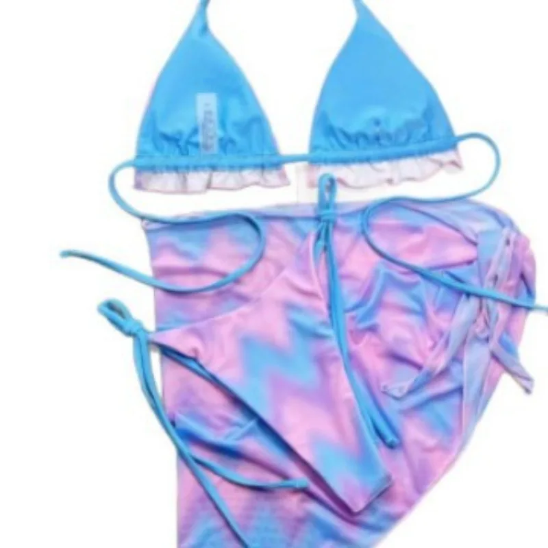 Three-piece Set Youthful Vitality Color Bright Beach Clothes Women Beach Sports Gradual Change Color Gauze Skirt Swimsuit Bikini