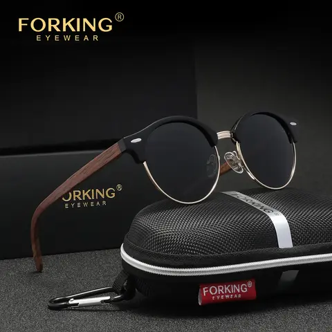 FORKING Trendy Fashion Wooden Sunglasses Round Frame Male Women UV400 Polarized Business Driving Travel Outdoor Eyeglasses