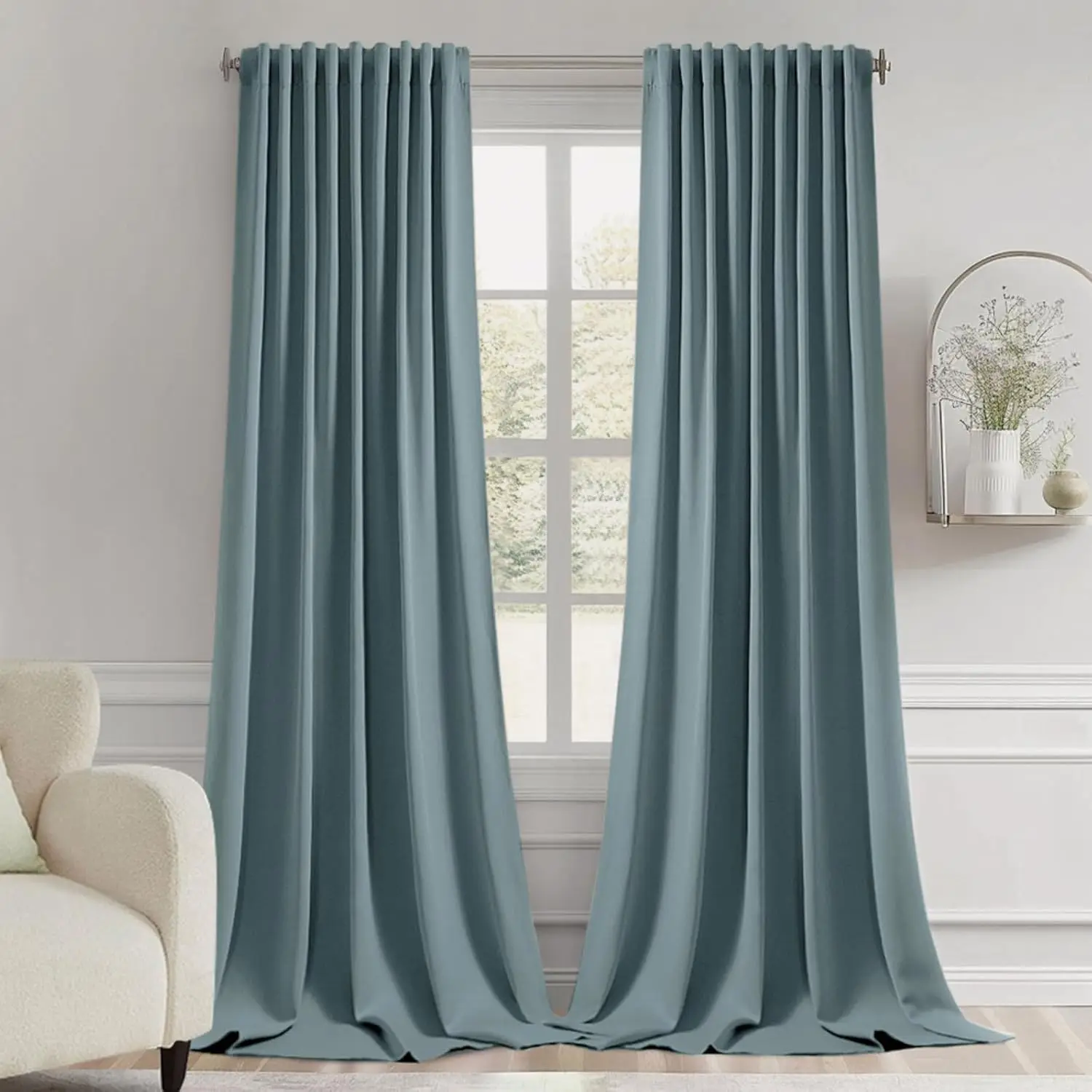 

Greyish Blue Back Tab Blackout Curtain 96 Inch Long 2 Panels Set for Bedroom, Rod Pocket/Pinch Pleat Thermal Insulated Li