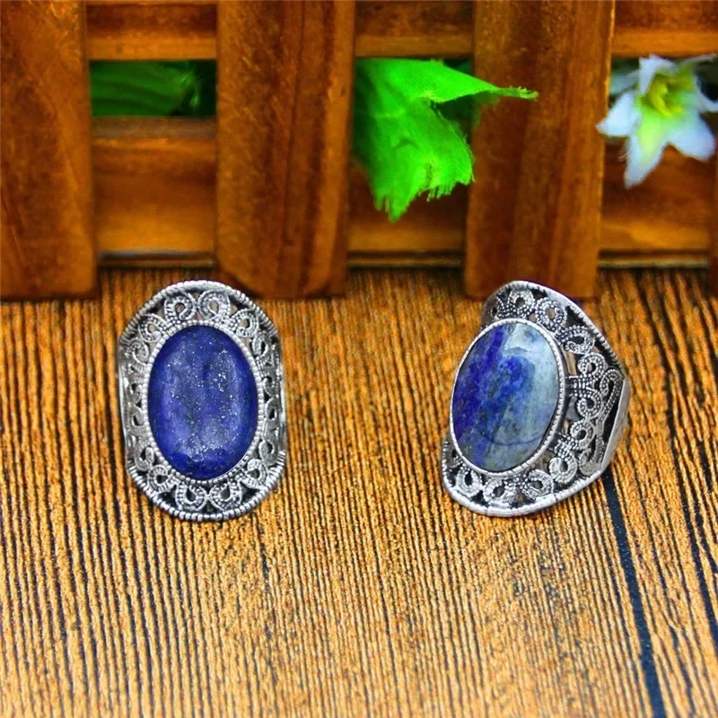 Oval Lapis Lazuli Rings For Women Natural Stone Flower Rings Vintage Antique Silver Plated Fashion Jewelry TR622