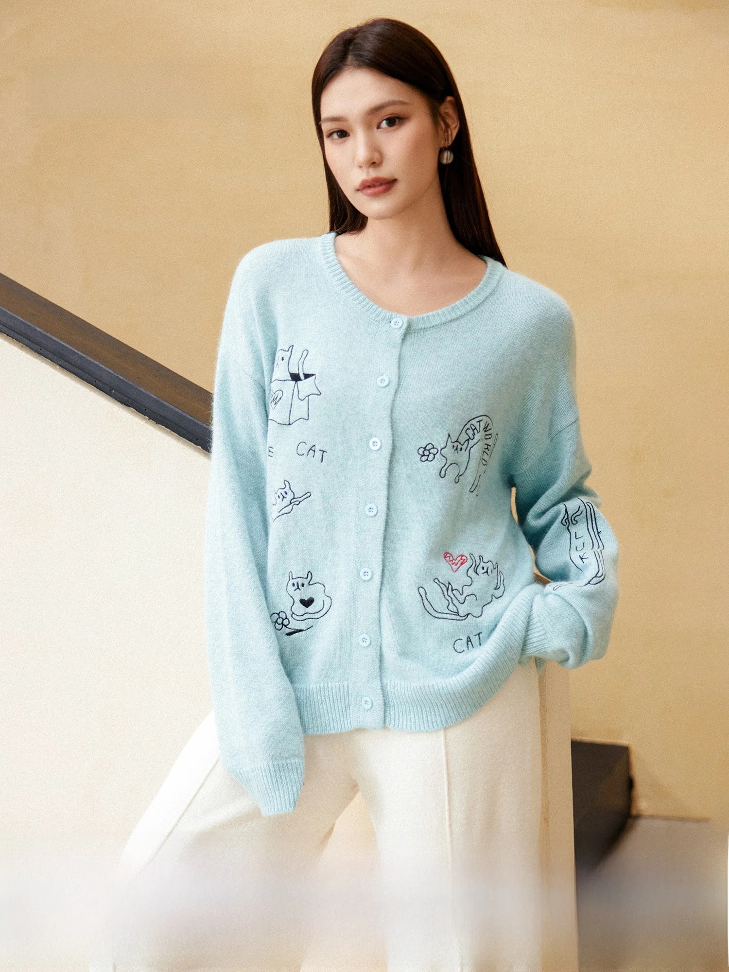 

Вязаный свитер Plusmall осенне-зимний с вышивкой в виде медведя, повседневный, с длинными рукавами, круглым вырезом и одной пуговицей