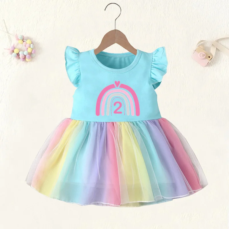 Baby Girl Clothes Age 1 2 3 4 Years Birthday Dress Pink Rainbow Print Cute Princess Vestidos Toddler Girls Rainbow Mesh Dresses