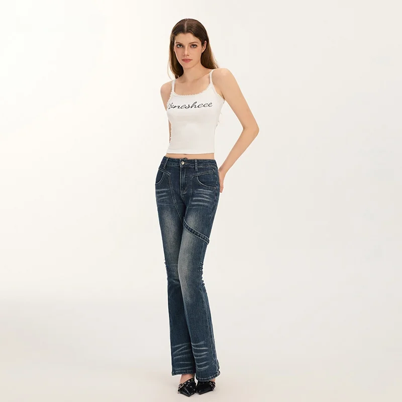 

Vone eeE American Retro Waed Denim Jeans Early Autumn 2024 New Sle Spicy Girl Slim Micro Flared Pants Women's Faion