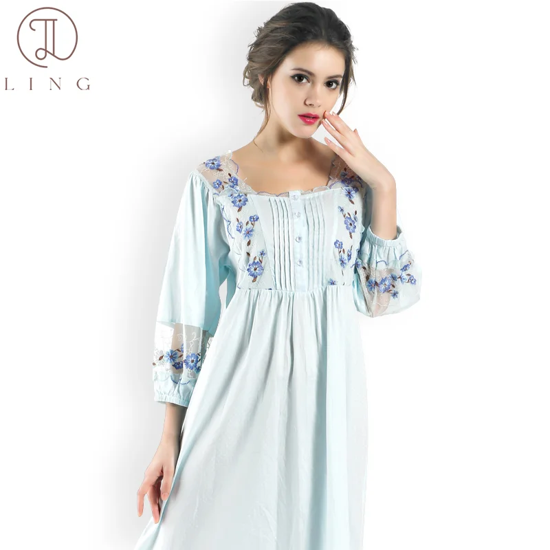 Ling 100% Pure Cotton Princess Lace Embroidery Long Nightgowns Summer Women's Sleepwear Dress Sleep Dress Nightwear Homeclothes