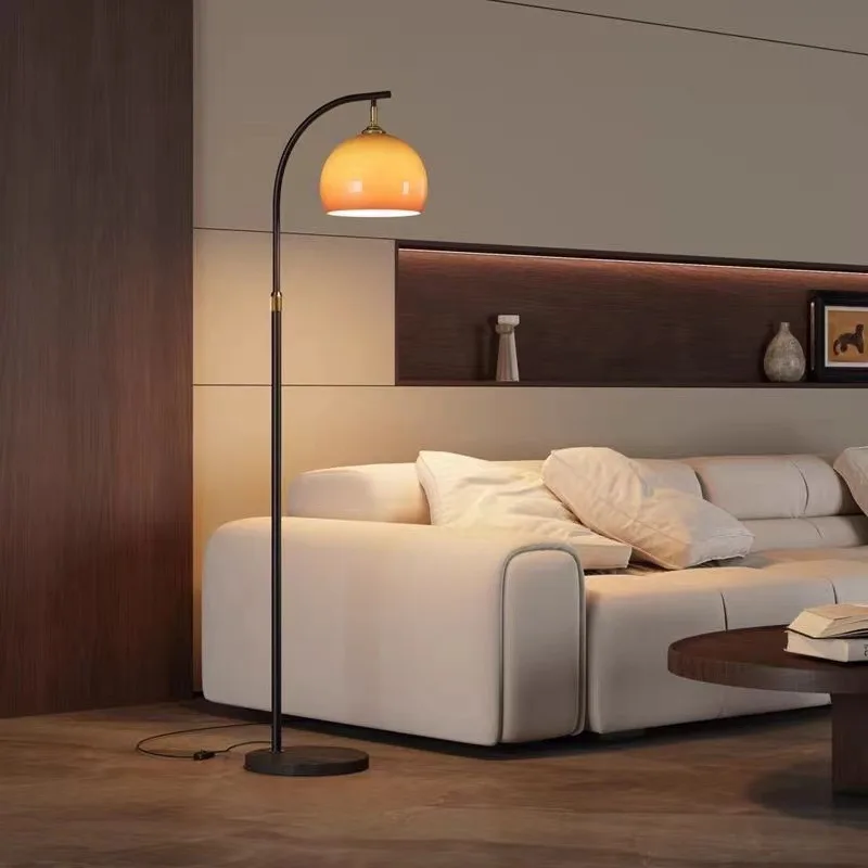 Sunset Orange Fishing Floor Lamp Sofa Side Bedroom Remote Control Dimmable Stand Lamp Creamy Style Glass Ball Shade