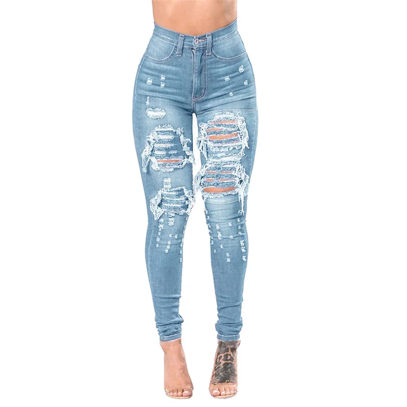 Britische Stil gebrochene Löcher aushöhlen Bleistift Jeans Frauen Slim Fit Pendler Jeans hose Damen High Taille Lift Gesäß Hose