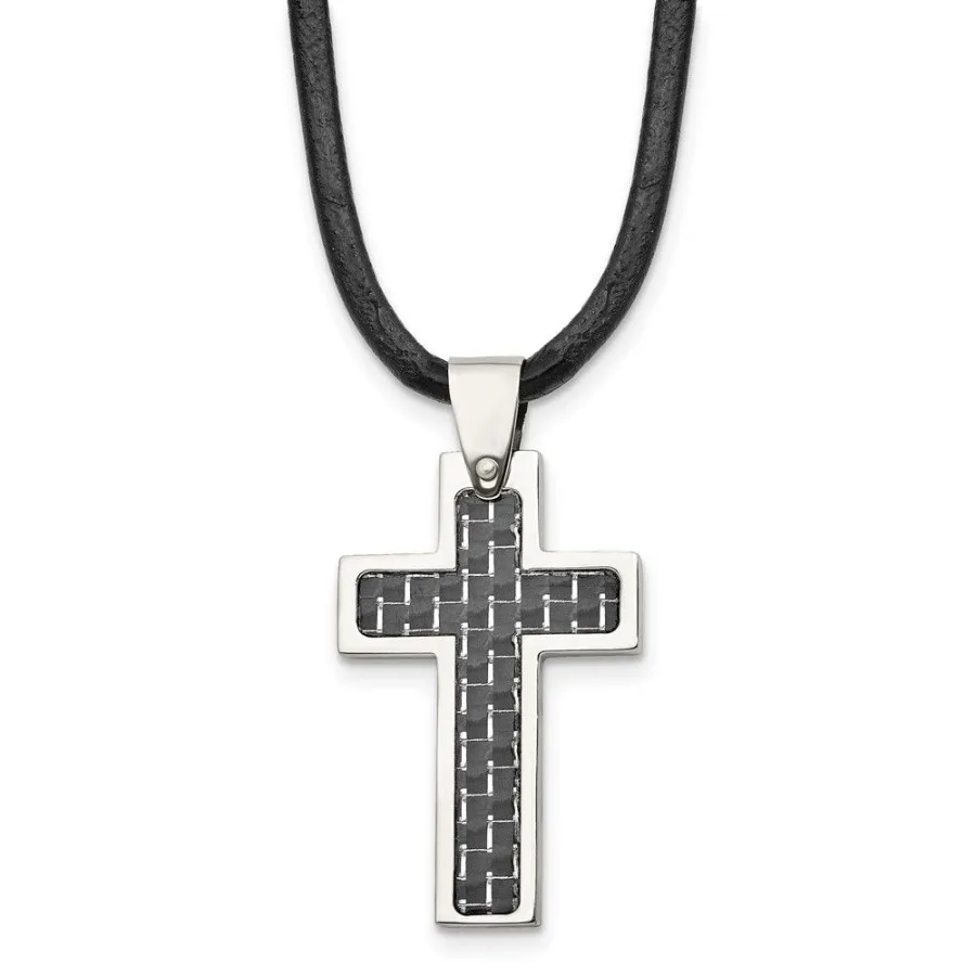 

Chisel Stainless Steel Polished with Black Carbon Fiber Inlay Cross Pendant on an 18 inch Leather Cord Necklace