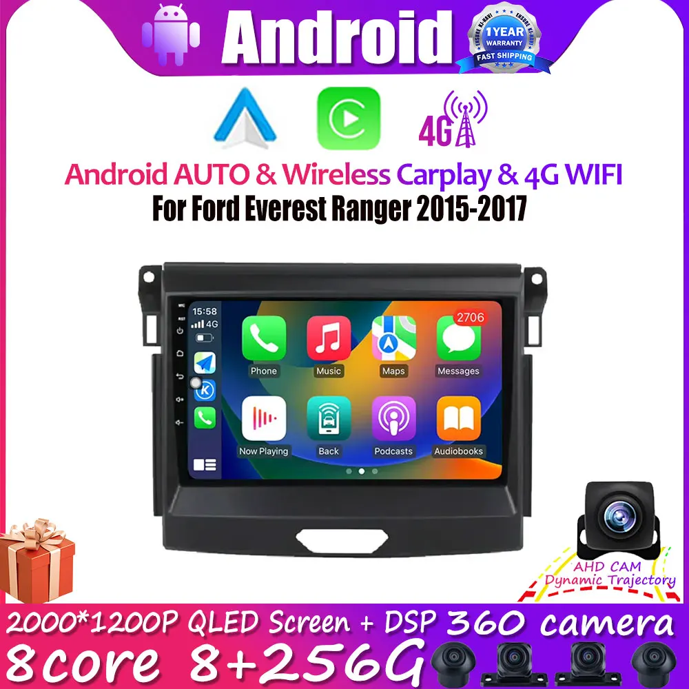 

9 Inch Wireless Carplay Android 14 Car Multimedia Player For Ford Everest Ranger 2015-2017 BT GPS Navigation Auto Radio Stereo