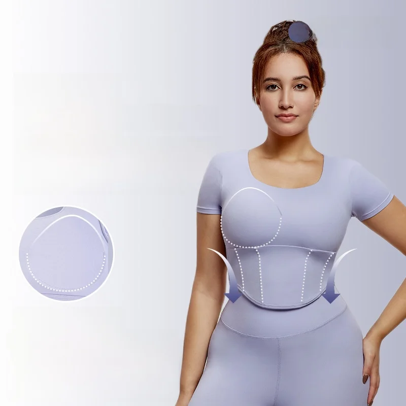 

Женская высококачественная спортивная футболка для йоги Chubby с короткими рукавами и фиксированной чашкой, нагрудник, облегающий топ для живота, большие размеры