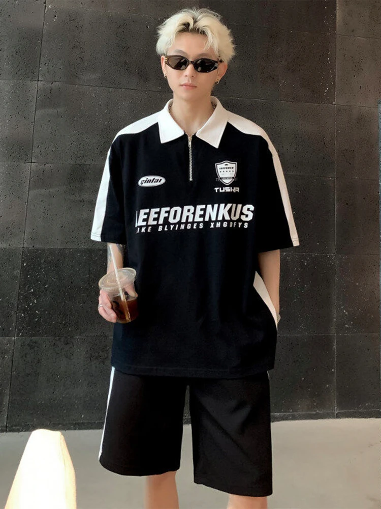 

Повседневный спортивный комплект для мужчин: летний, подростковый, с воротником на молнии, короткий рукав, футболка, комплект из двух предметов