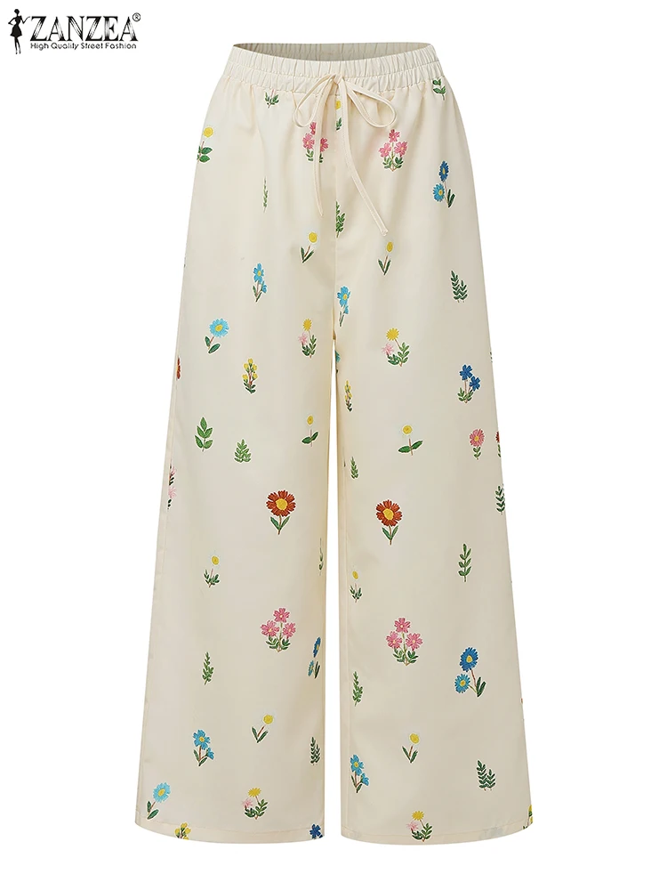 ZANZEA Vrouwen Bloemenprint Wijde Pijpen Broek 2025, Herfst Casual Lace-Up Elastische Taille Losse Broek Vrije tijd Dagelijkse Slijtage Bodems