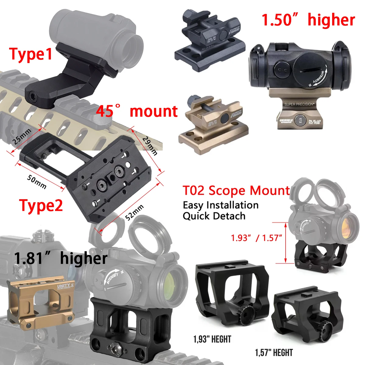 2,26" 2,91" UNITÉ Riser rapide à montage accru T01 T02 Portée de vue à point rouge 45 ° Base de support universelle pour supports latéraux décalés