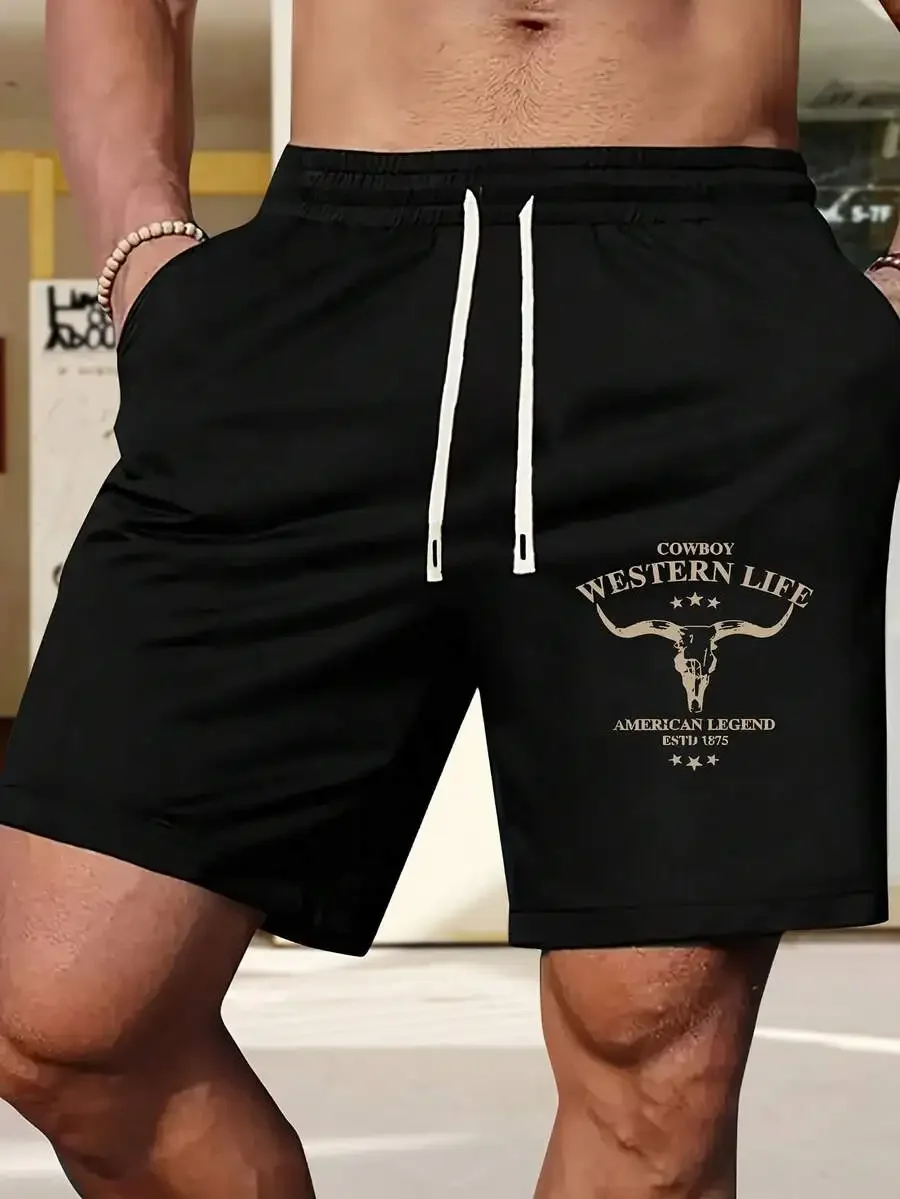 

Western Life Bull Skull Print Drawstring Athletic Shorts For Men